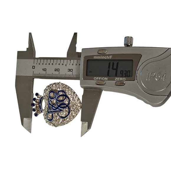 Orient Express Crown Heart Clear Rhinestone Blue Enamel Brooch Pin L234 - Picture 7 of 8